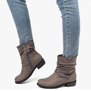 Women's Mid Calf Boot,Round Toe Low Heel Comfort Slouchy Bootie with Side Zipper